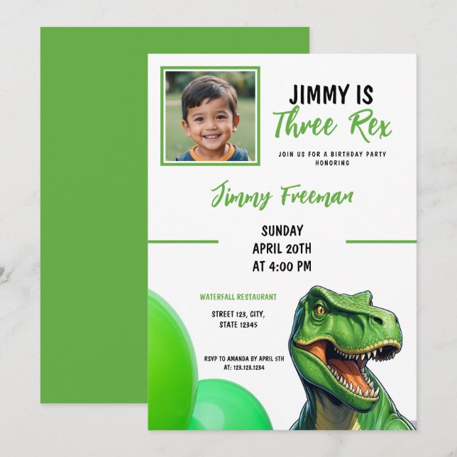 Cute Green Cartoon Trex Photo Birthday Invitation (Front/Back)