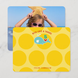 Cute Green Cartoon Whale Kid Birthday Party Photo Thank You Card