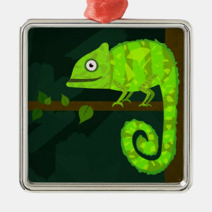 Cute Green Chameleon Illustration Tropical Reptile Metal Ornament