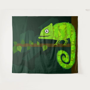 Cute Green Chameleon Illustration Tropical Reptile Tapestry