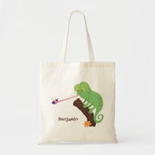 Cute green chameleon lizard cartoon personalized tote bag