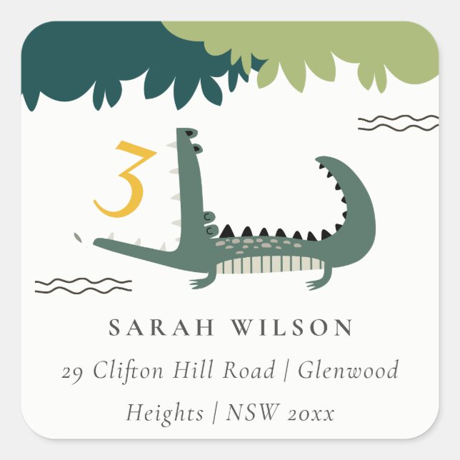 Cute Green Chomp Alligator Swamp Kids Address Square Sticker (Front)