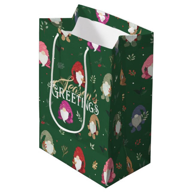 Cute Green Christmas Colourful Gnomes Medium Gift Bag (Front Angled)