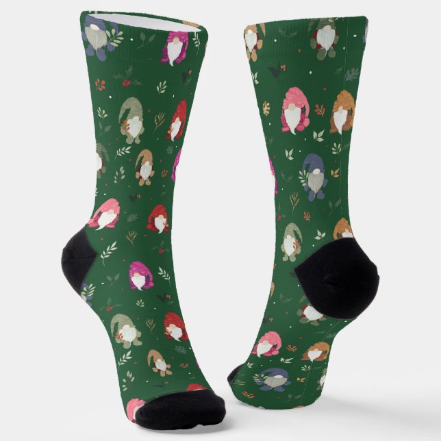 Cute Green Christmas Colourful Gnomes Socks (Angled)