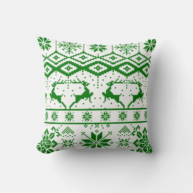 Cute Green Christmas Knitted Reindeer Throw Pillow (Front)