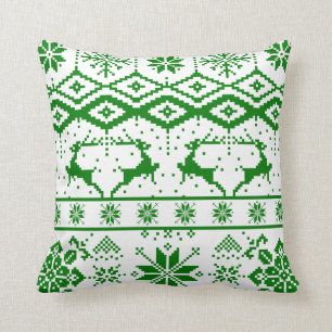 Cute Green Christmas Knitted Reindeer Throw Pillow