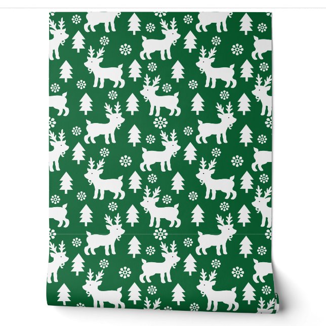 Cute Green Christmas Reindeer Pattern Kids Nursery Wallpaper (Unrolling)