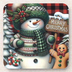 Cute Green Christmas Snowman Coaster