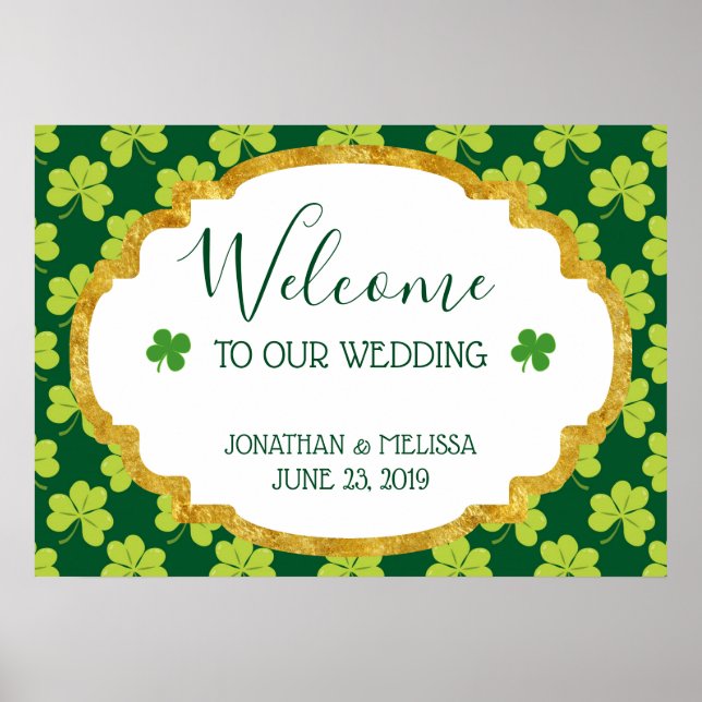 Cute Green Clover Pattern Wedding Welcome Poster (Front)