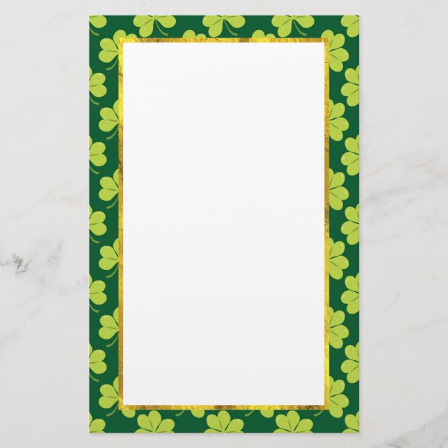 Cute Green Clover Pattern with a Faux Gold Frame Stationery (Front)