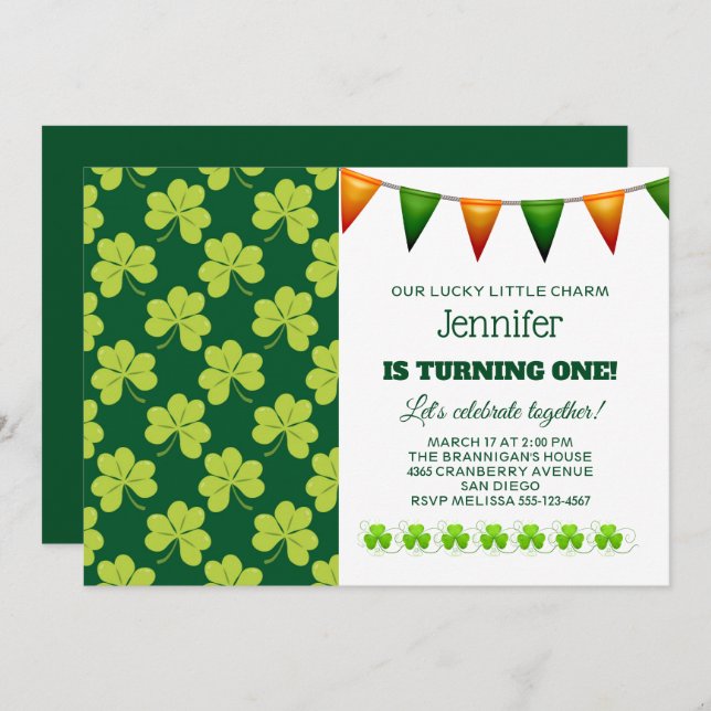 Cute Green Clover Shamrock Pattern Birthday Invitation (Front/Back)