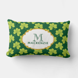 Cute Green Clover Shamrock Pattern with Monogram Lumbar Pillow