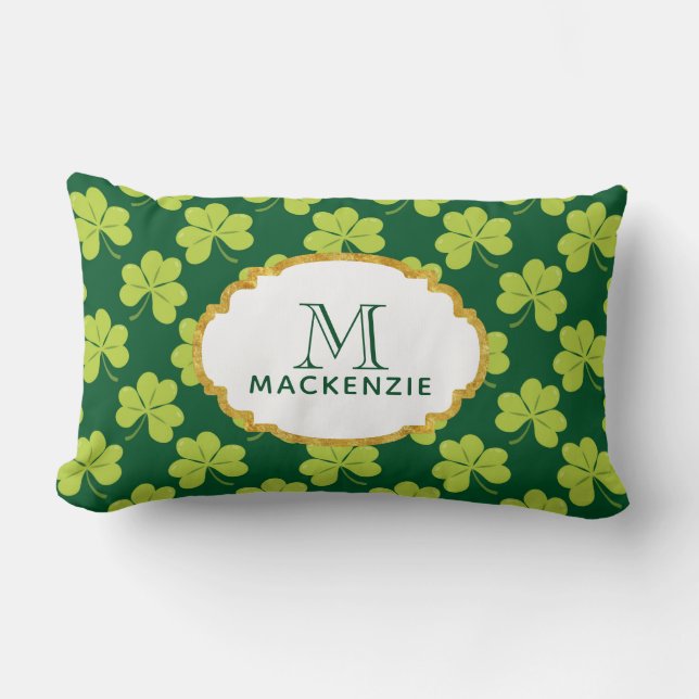 Cute Green Clover Shamrock Pattern with Monogram Lumbar Pillow (Front)