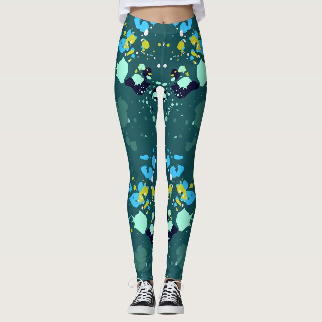 Cute Green Colourful Paint Splatter Pattern Leggings (Front)