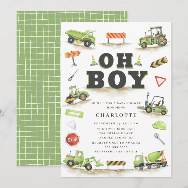 Cute Green Construction Truck Baby Shower Invitati Invitation (Front/Back)