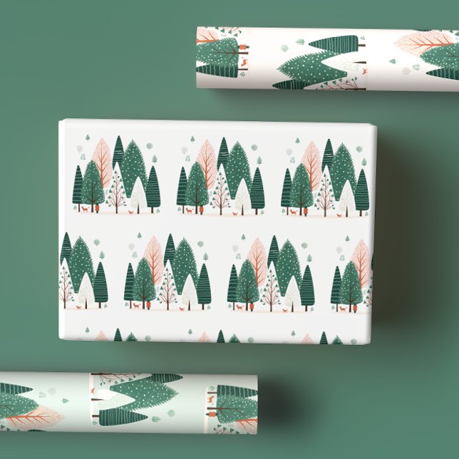 Cute Green & Coral Christmas Pine Tree Woodland Wrapping Paper Sheet (Creator Uploaded)