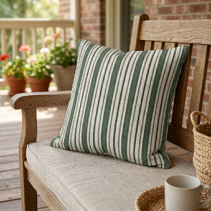Cute Green Country Farmhouse Linen Stripes Pattern Outdoor Pillow