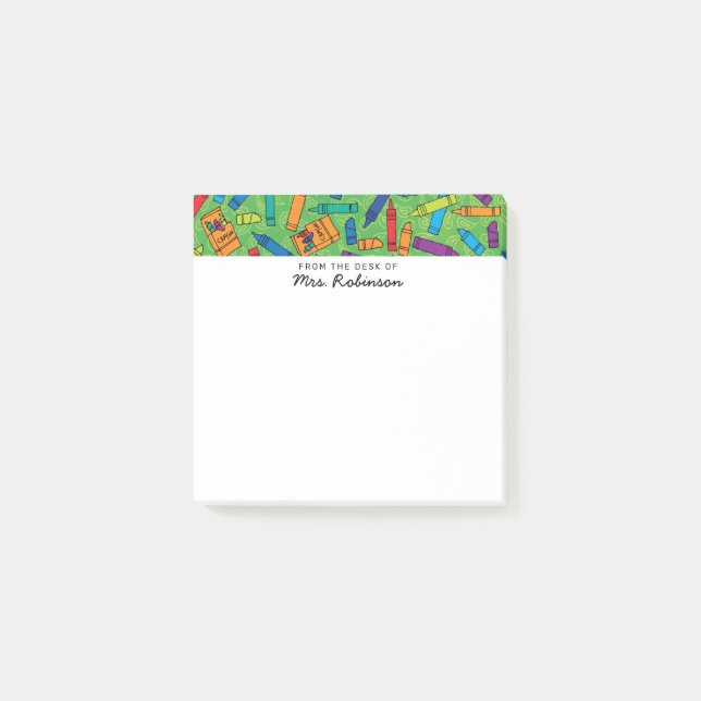 Cute Green Crayons Teacher From the Desk of 3x3 Post-it Notes (Front)