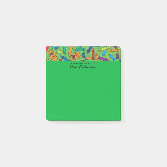 Cute Green Crayons Teacher From the Desk of 3x3 Post-it Notes (Front)
