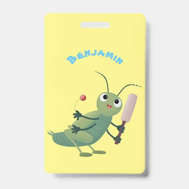 Cute green cricket insect cartoon illustration badge (Front)