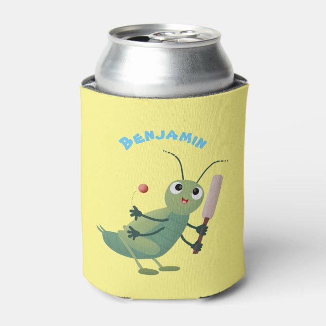 Cute green cricket insect cartoon illustration can cooler (Can Front)