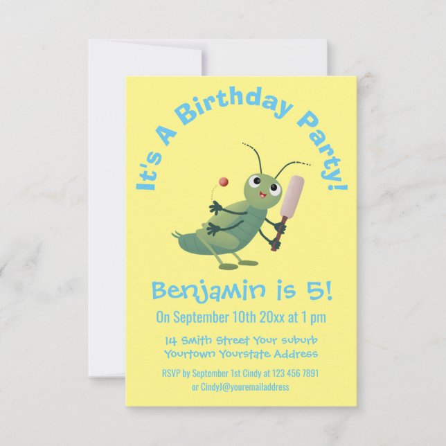 Cute green cricket insect cartoon illustration invitation (Front)