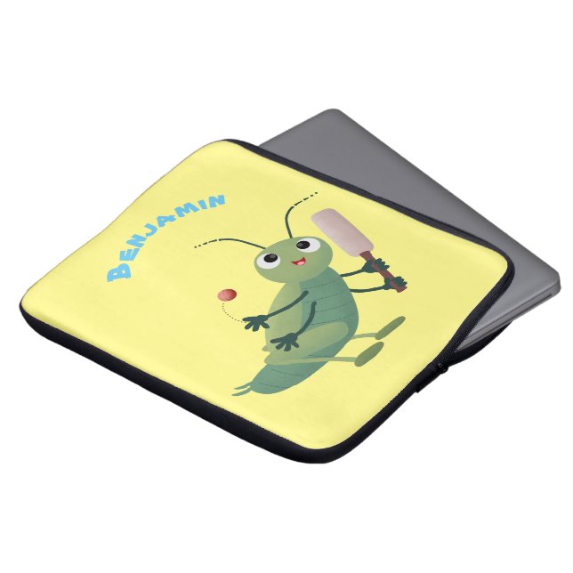 Cute green cricket insect cartoon illustration laptop sleeve (Front Top)