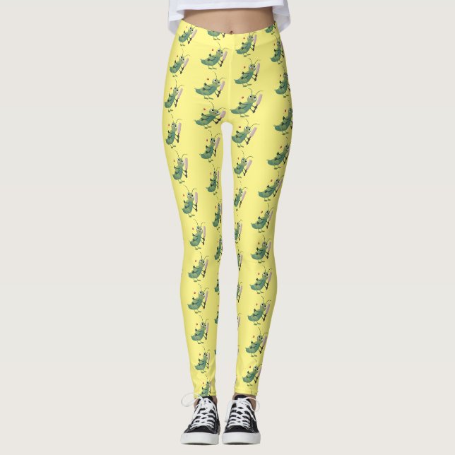 Cute green cricket insect cartoon illustration leggings (Front)