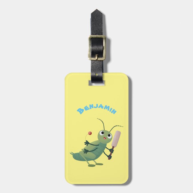 Cute green cricket insect cartoon illustration luggage tag (Front Vertical)