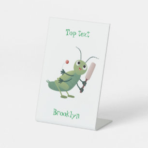 Cute green cricket insect cartoon illustration pedestal sign