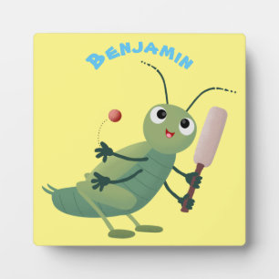 Cute green cricket insect cartoon illustration plaque