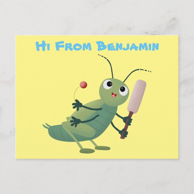 Cute green cricket insect cartoon illustration postcard (Front)