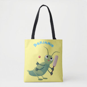 Cute green cricket insect cartoon illustration tote bag
