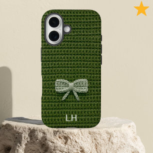 Cute Green Crochet Bow Yarn Custom Name iPhone 16 Case