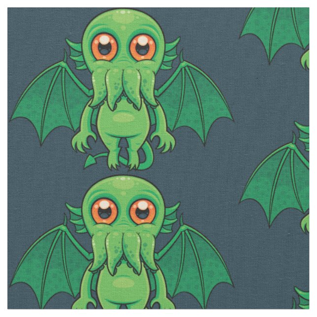 Cute Green Cthulhu Monster Fabric (Close Up)