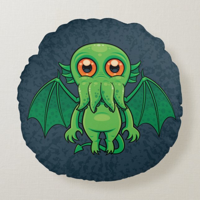 Cute Green Cthulhu Monster Round Pillow (Front)
