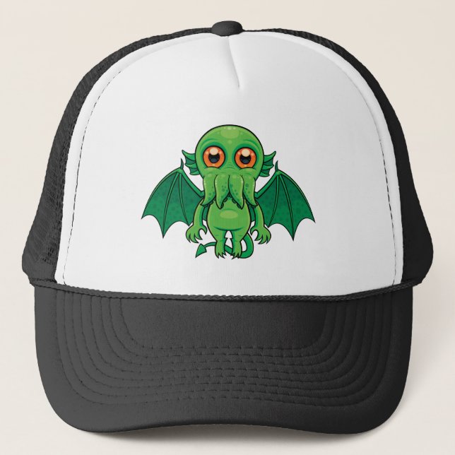 Cute Green Cthulhu Monster Trucker Hat (Front)