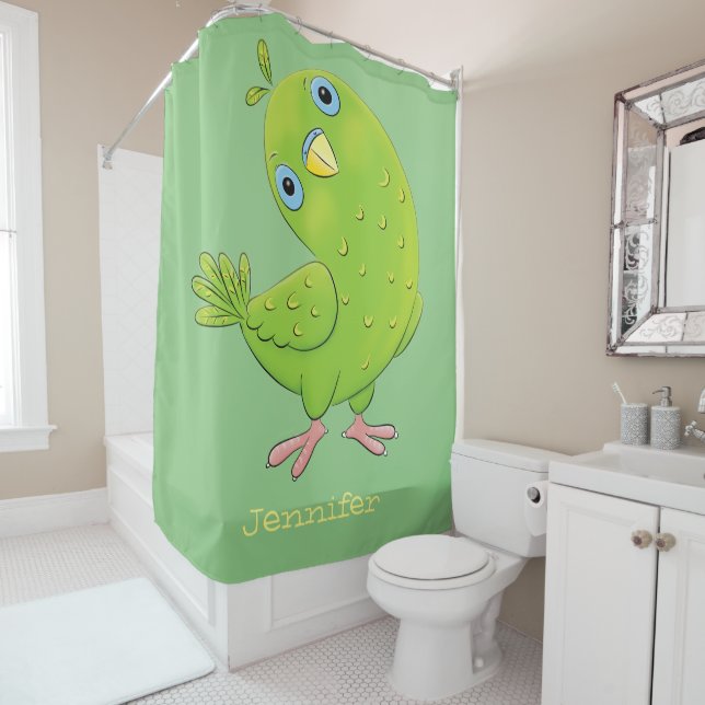 Cute green curious parakeet cartoon illustration (In Situ)