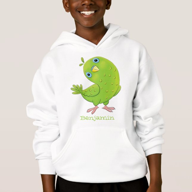 Cute green curious parakeet cartoon illustration (Front)