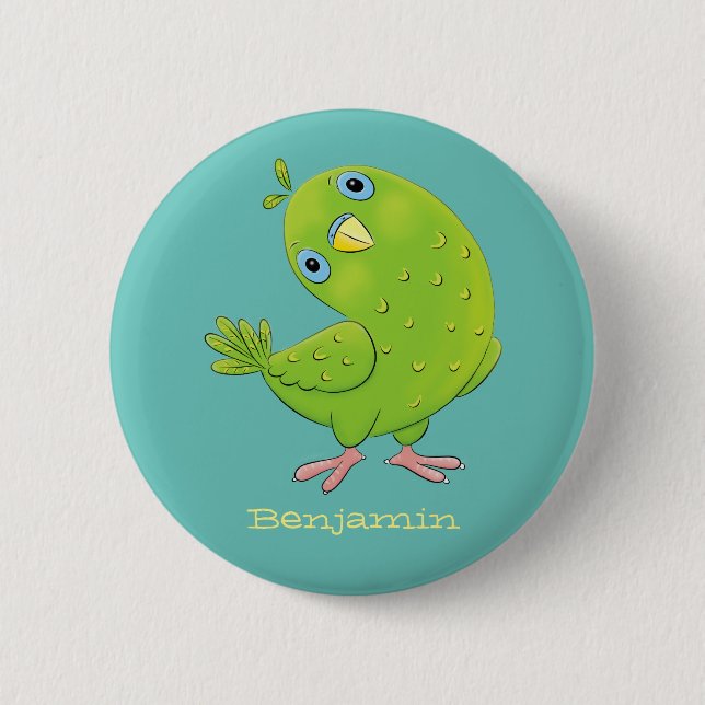 Cute green curious parakeet cartoon illustration 2 inch round button (Front)