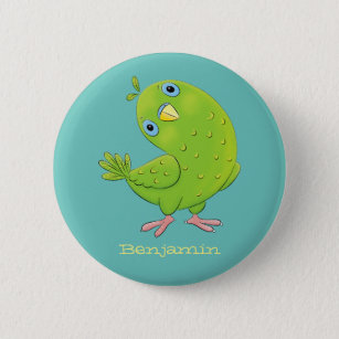 Cute green curious parakeet cartoon illustration 2 inch round button