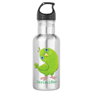 Cute green curious parakeet cartoon illustration 532 ml water bottle