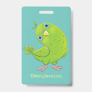 Cute green curious parakeet cartoon illustration badge