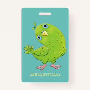 Cute green curious parakeet cartoon illustration badge