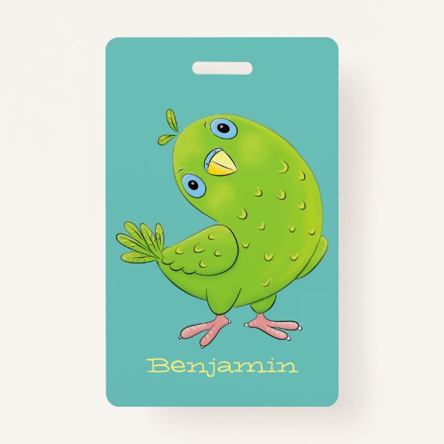 Cute green curious parakeet cartoon illustration badge (Front)