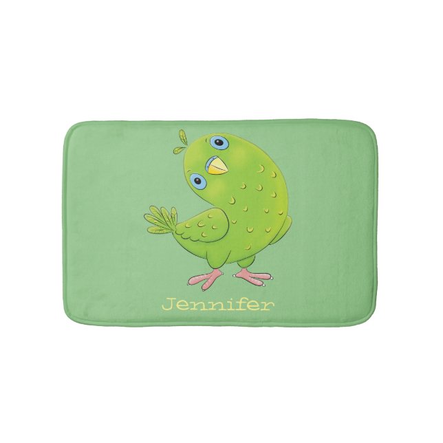 Cute green curious parakeet cartoon illustration bath mat (Front)