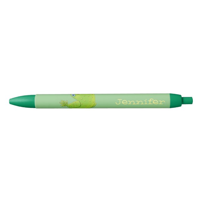 Cute green curious parakeet cartoon illustration black ink pen (Front)