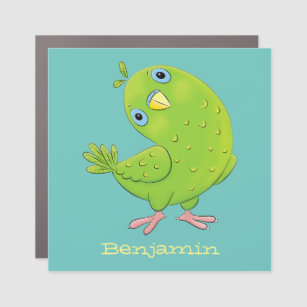 Cute green curious parakeet cartoon illustration car magnet