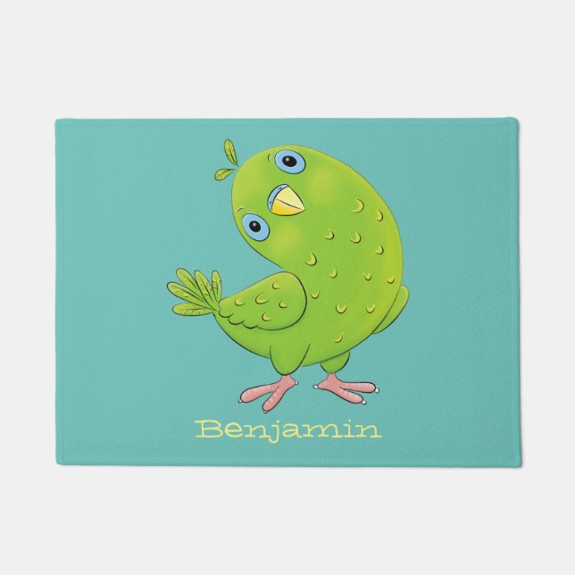 Cute green curious parakeet cartoon illustration doormat (Front)
