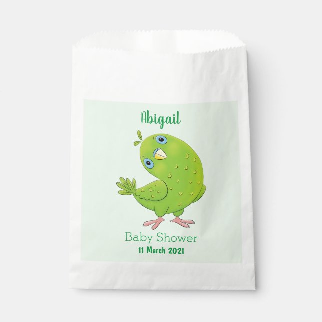 Cute green curious parakeet cartoon illustration favour bag (Front)